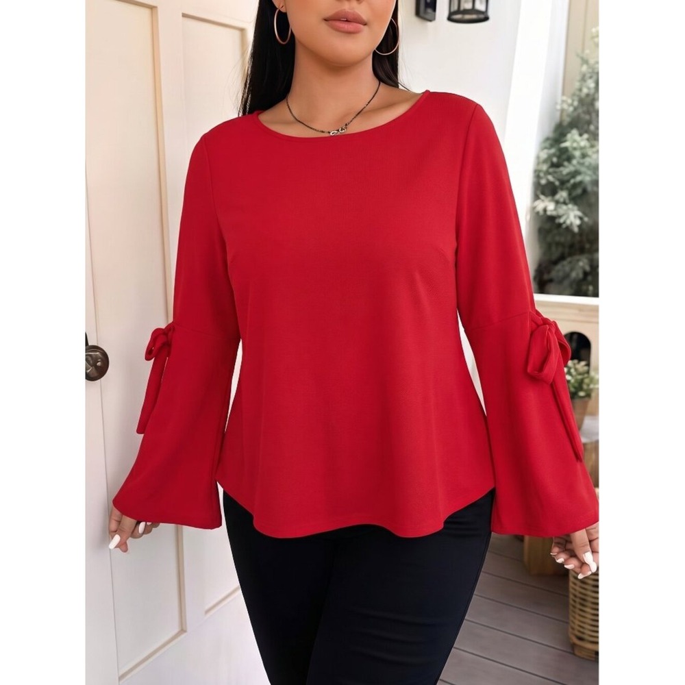 Gibson Plus Size Romantic Bold Girly Bell Sleeve Stretch Top Blouse 2X